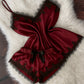 Short Satin Pajama Set With Lace- Maroon