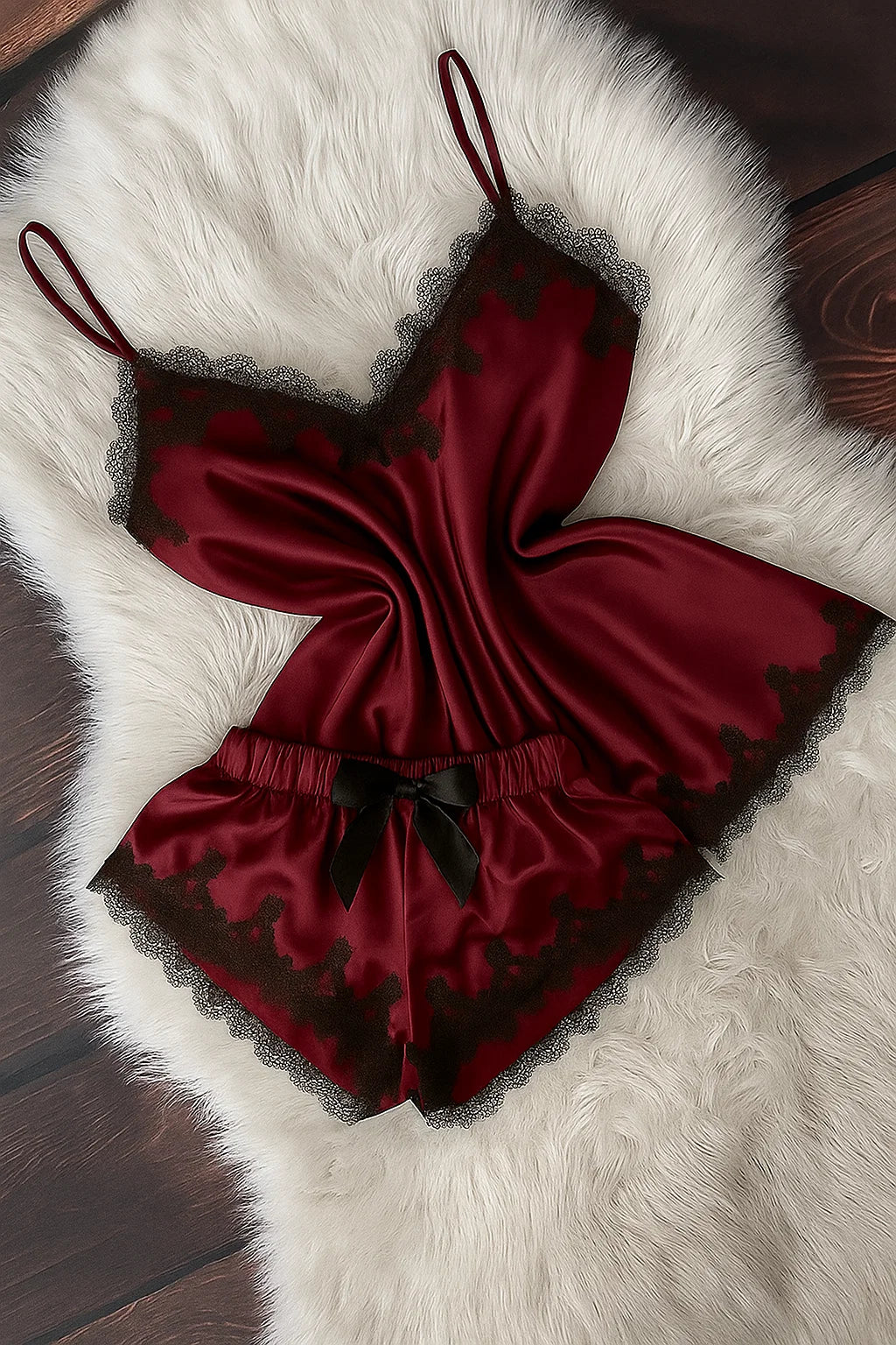 Short Satin Pajama Set With Lace- Maroon