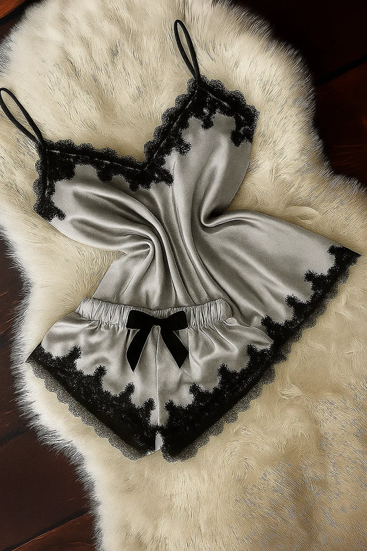 Short Satin Pajama Set With Lace- Grey