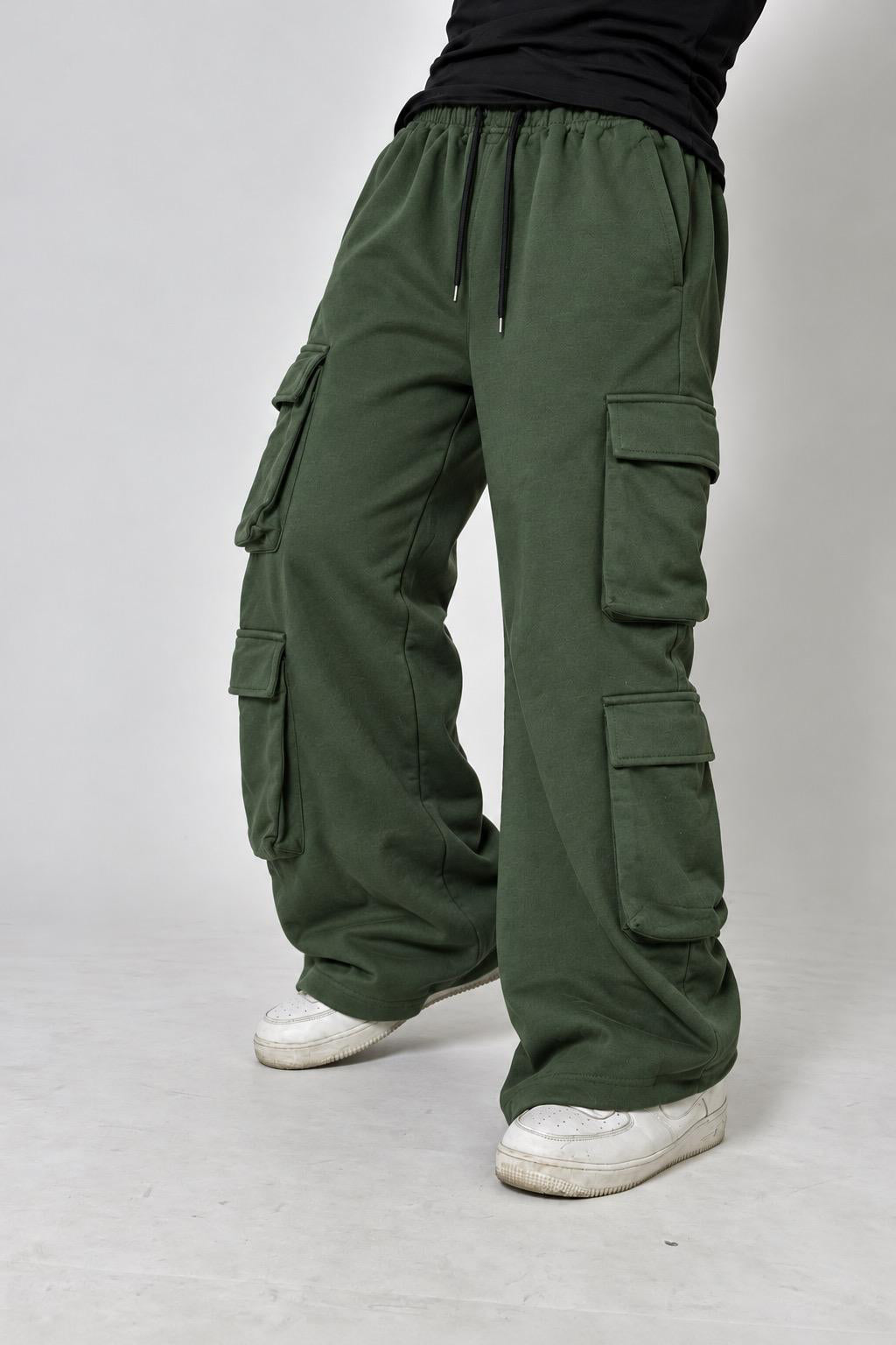 Core Oversized Fleece Cargo Trousers - Forest Green